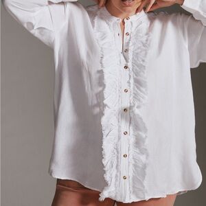 Anthropologie- Pilcro White Ruffle-Trim Button Blouse